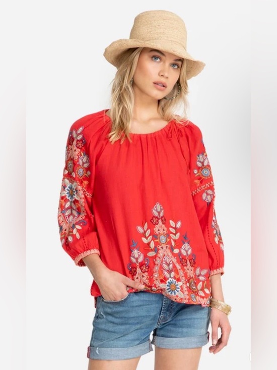 Johnny Was Tops - Johnny Was Maisie Peasant Tie Embroidered Blouse Linen Boho Coral Size Small
